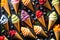 Vibrant Ice Cream Cones: Blueberry, Strawberry, Pistachio, Almond Flavors