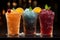 Vibrant icy fruit slush, chilled in cups Colorful refreshment, frozen delight