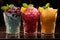 Vibrant icy fruit slush, chilled in cups Colorful refreshment, frozen delight