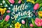 Vibrant Illustration of 'Hello Spring' Text Surrounded by a Lush Collection of Spring Flowers and Leaves