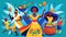 A vibrant illustration of a parade with people of all ages dressed in colorful traditional African clothing dancing and