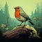 Vibrant Illustration Of A Red Robin In A Forest