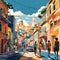 Vibrant illustration showcasing adventurous tourists exploring colorful streets of Salvador, Brazil