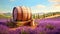 Vibrant Illustration Of Wooden Barrel Amidst Lavender Fields