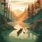 Vibrant Illustrations Of Canoe Paddling Through Earthy Lake