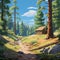 Vibrant Illustrations Of A Cartoon Ravine In A Pine Log Cabin Forest