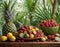 In this vibrant image, a lush arrangement of tropical fruits and berries adorns the table,