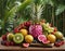 In this vibrant image, a lush arrangement of tropical fruits and berries adorns the table,