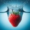 A vibrant image of a ripe strawberry being dropped into clear water. The strawberry creates a dynamic splash against a