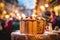 A vibrant image of a sliced Panettone against a bustling Christmas market backdrop.