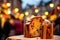 A vibrant image of a sliced Panettone against a bustling Christmas market backdrop.