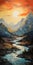 Vibrant Impasto: Tranquil River Painting With Mountains In Warm Color Palette