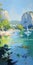 Vibrant Impressionist Painting Of Karst On Water Near Tall Cliffs