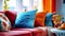 vibrant interior design with colored sofa and cushions