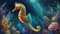 A Vibrant, Intricate Digital Illustration of a Mystical, Swirling Underwater Vibrant Seahorse in An Ethereal Oceanic Environment