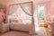 Vibrant and inviting bedroom with pastel pink walls. A white canopy bed with flowing drapes, rose-patterned bedding, and