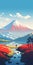 Vibrant Japanese Artwork: Mountain, Lake, And Waterfall