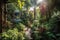 vibrant jungle garden with towering trees, vines and exotic plants