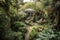 vibrant jungle garden with towering trees, vines and exotic plants