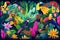 Vibrant jungle print with foliage, floral motifs and tropical birds. generative ai