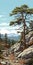 Vibrant Juniper Forest Illustration: Bold Colors, Detailed Rocks And Pines