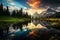 Vibrant Lake Landscape Nestled Amid Majestic Peaks, Capturing Nature\\\'s Palette in a Breathtaking Symphony. Ai generated