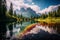 Vibrant Lake Landscape Nestled Amid Majestic Peaks, Capturing Nature\\\'s Palette in a Breathtaking Symphony. Ai generated