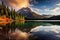 Vibrant Lake Landscape Nestled Amid Majestic Peaks, Capturing Nature\\\'s Palette in a Breathtaking Symphony. Ai generated