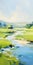 Vibrant Landscape Painting: Marsh On Water With Hill
