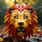 Vibrant Lego Lion Head In Fall Leaves - Playful 3d Plastic Texture