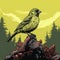 Vibrant Line Art Poster: Yellow Bird On Mossy Rock With Mountain Background