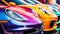 A vibrant lineup of sports cars with a focus on a red car's front. The blurred background shows various colorful