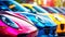 A vibrant lineup of sports cars with a focus on a red car's front. The blurred background shows various colorful