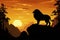 Vibrant Lion standing rock sunset. Generate Ai