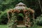 A vibrant and lively gazebo in a park covered in a multitude of flowers, creating a stunning visual display, Beautiful garden