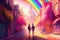 A vibrant and lively illustration of a couple walking through a colorful city with a rainbow in the background