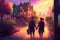 A vibrant and lively illustration of a couple walking through a colorful city with a rainbow in the background