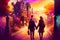 A vibrant and lively illustration of a couple walking through a colorful city with a rainbow in the background