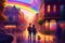 A vibrant and lively illustration of a couple walking through a colorful city with a rainbow in the background