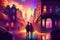 A vibrant and lively illustration of a couple walking through a colorful city with a rainbow in the background