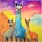 Vibrant Llama Trio In Diverse Art Styles: Child\\\'s Drawing To Hyper-realistic Pop