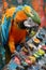 Vibrant Macaw Parrot on a Colorful Paint Palette in an Artistic Environment