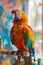 Vibrant Macaw Parrot Perched on a Stand Against Colorful Graffiti Background