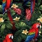 Vibrant Macaw Parrots Perch On Embroidered Tropical Foliage. Seamless Background