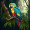 Vibrant Macaw Perched on Rain forest Tree in Colorful Amazon Setting. Generative AI