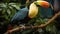 A vibrant macaw perches on a branch in the rainforest generated by AI