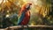 Vibrant macaw perching on branch, showcasing nature colorful beauty