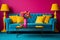 Vibrant magenta interior design of living room with trendy wall and soft in contemporary colors