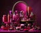 A vibrant magenta podium showcasing an array of cosmetics and jars. Trendy color of 2023 Viva Magenta.. AI generation