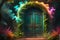 vibrant magical door, glowing neon mists swirling around enchanted smoke patterns, door ajar, revealing mysteries